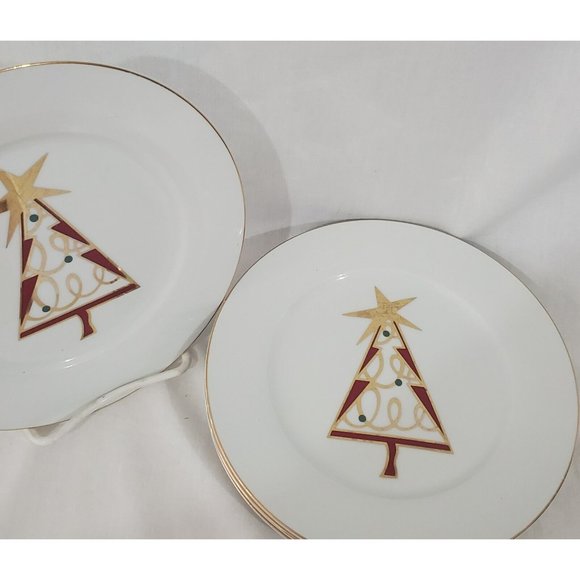Set of 4 Pier 1 Christmas Tree 7.5” Dessert Salad Plate stylized holiday tree - Picture 4 of 9